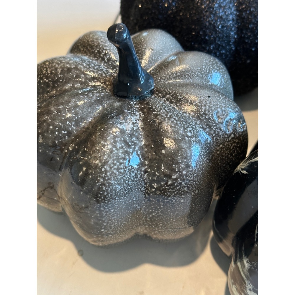 Black and Silver Decorative Pumpkins Set of 5 Glitter Marble Speckled Halloween - Picture 4 of 11